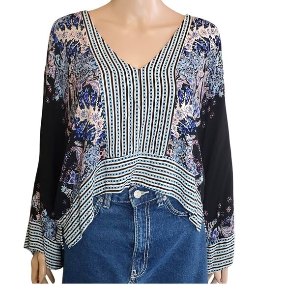 Free People Size S Mix N Match Blouse Black Combo Dark Floral Boho Oversized - Picture 1 of 9